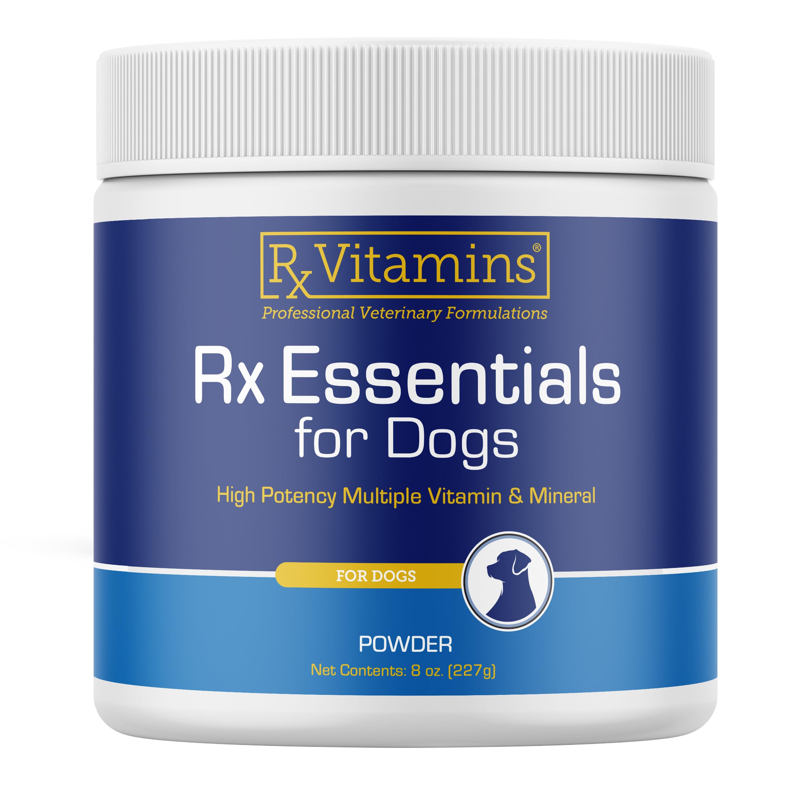 Rx Vitamins Essentials for Dogs bottle pour showing easy daily dosing for dogs