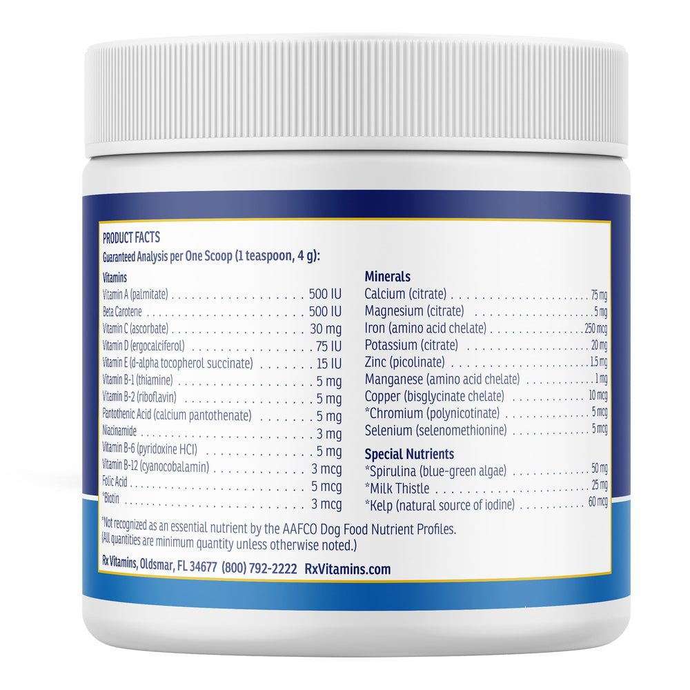 Rx Vitamins Essentials for Dogs milk thistle bottle label suggests liver-support botanicals