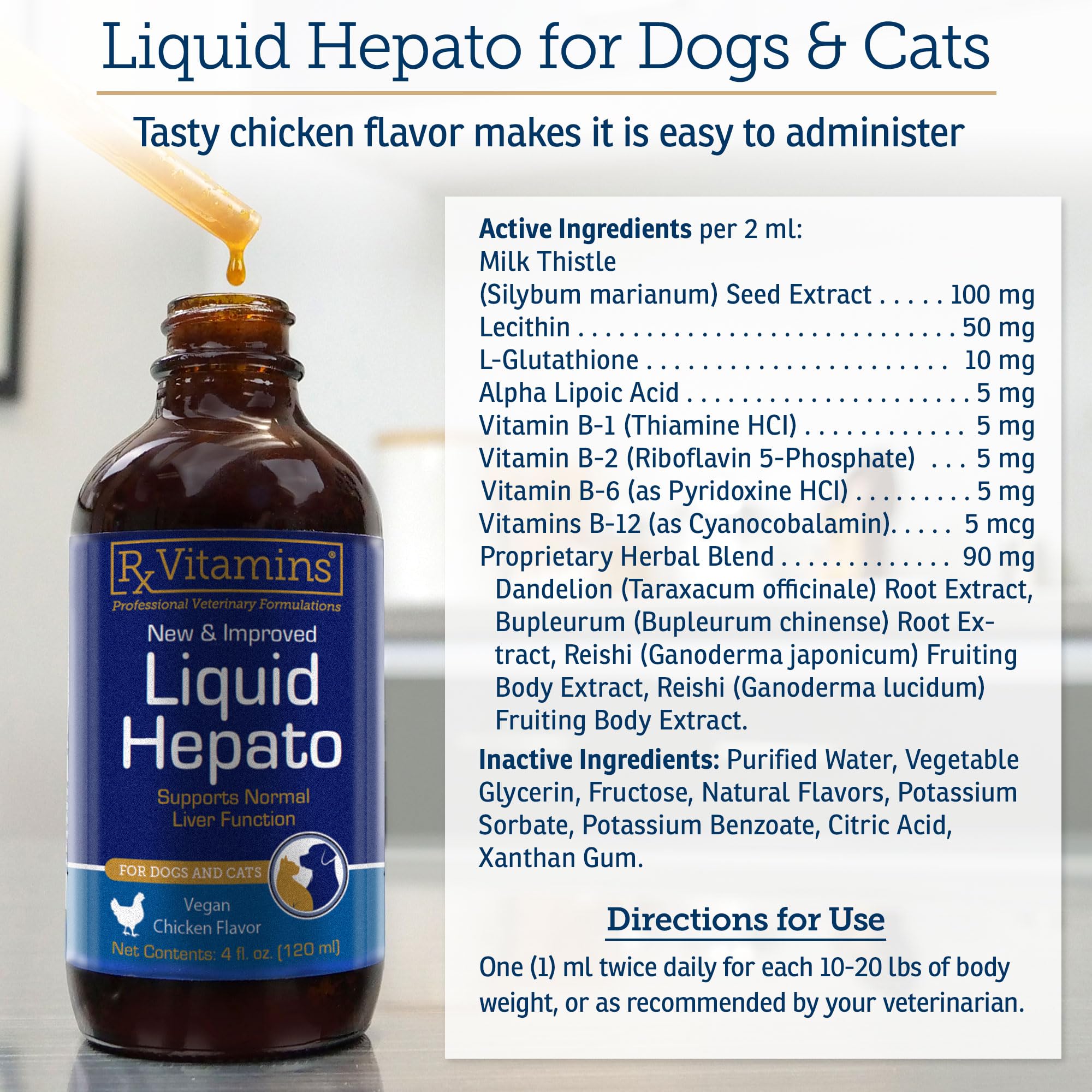 Rx Vitamins Hepato measuring syringe illustrates dosing guidance.
