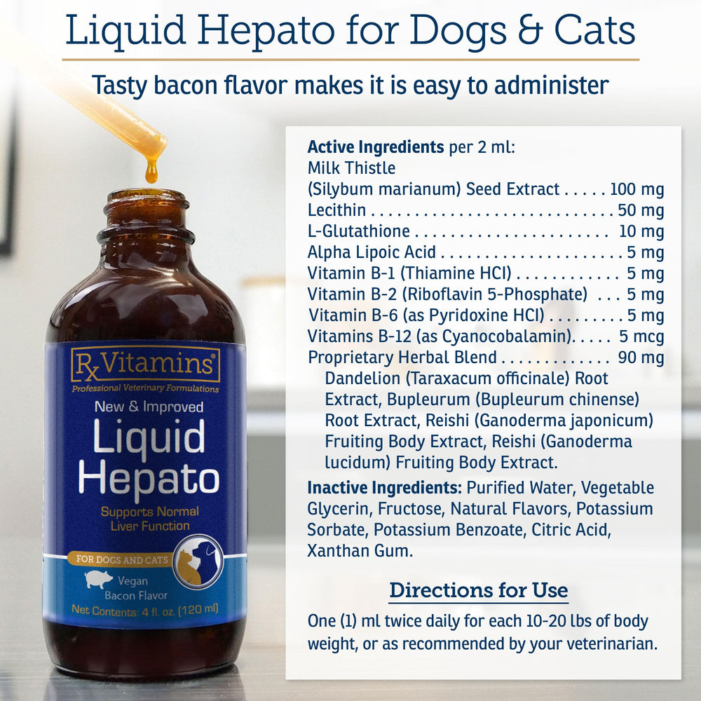 Rx Vitamins Liquid Hepato Support shows 1 ml dosing for pets