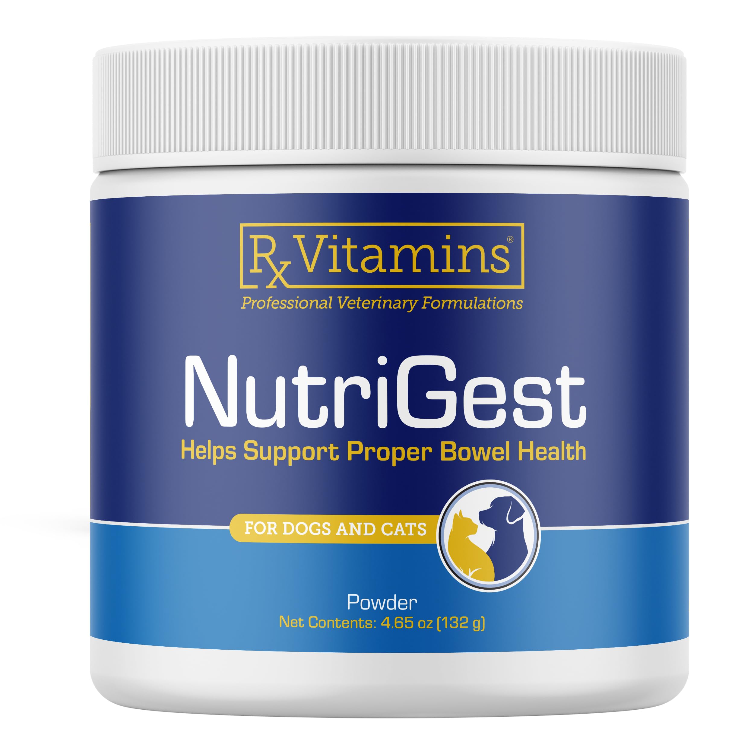 Rx Vitamins NutriGest dog probiotics powder container shown for digestive support