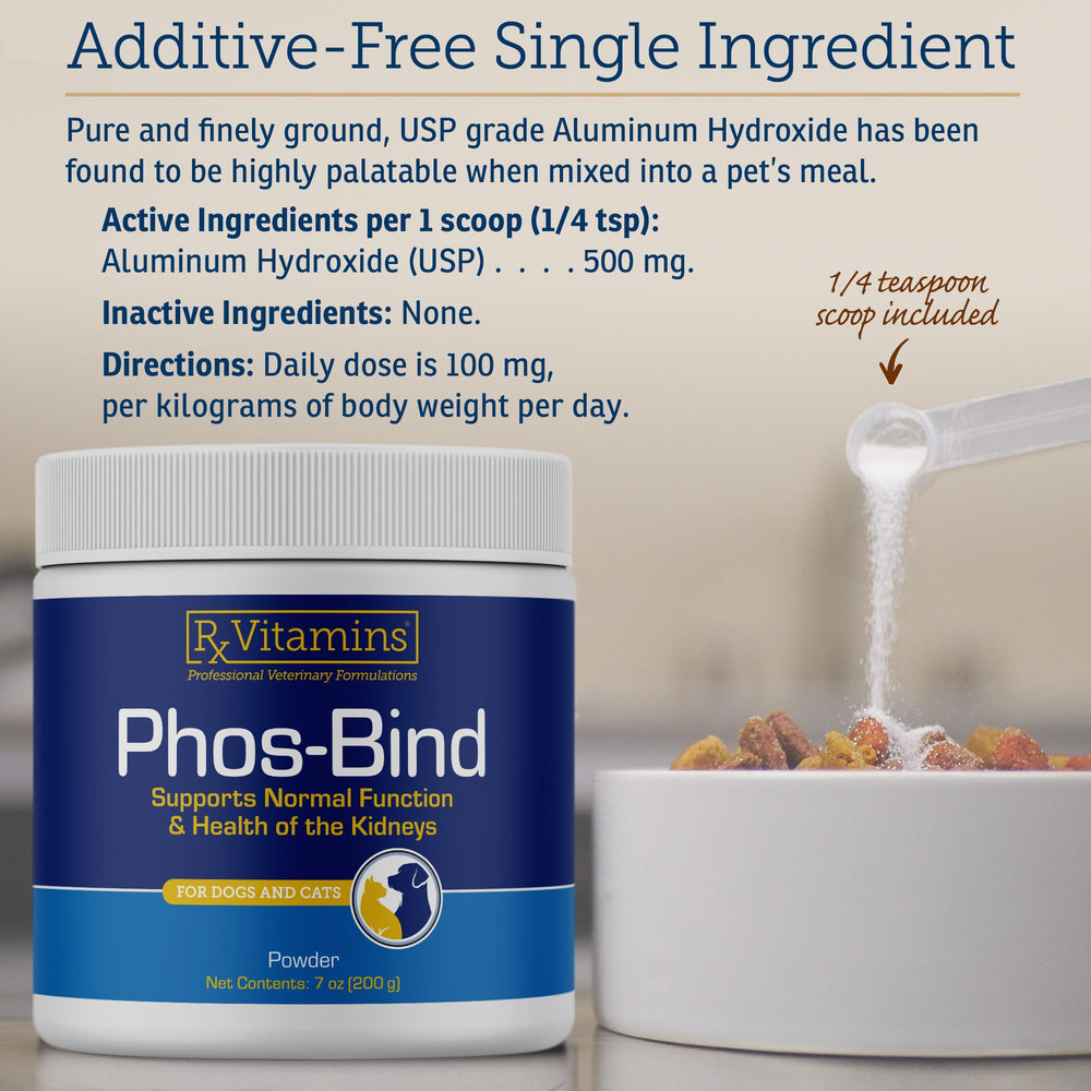 Rx Vitamins Phos-Bind packaging displayed on a clean counter for pet care.
