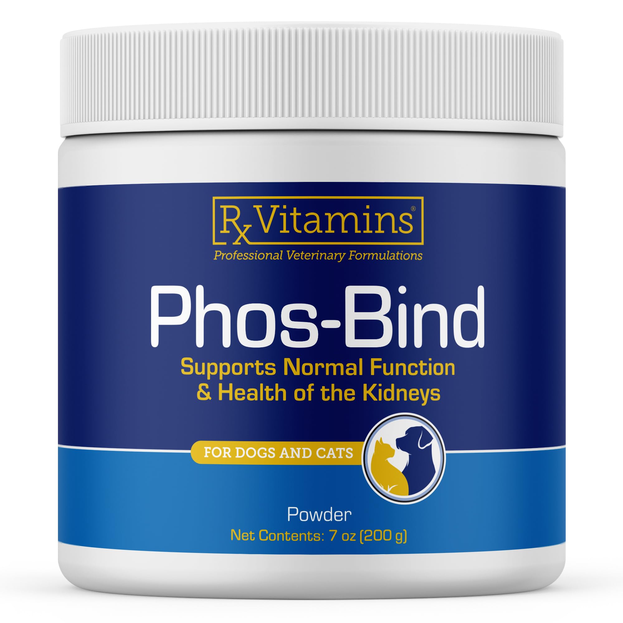 Rx Vitamins Phos-Bind powder jar label showing veterinarian-formulated kidney care for pets.