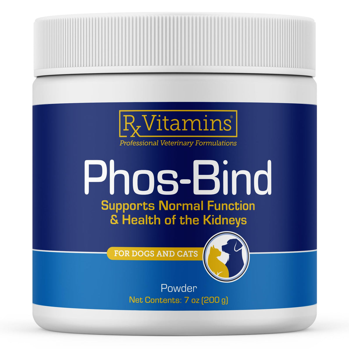 Rx Vitamins Phos-Bind powder jar label showing veterinarian-formulated kidney care for pets.