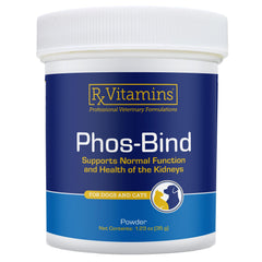Rx Vitamins Phos-Bind powder texture shows a fine, easy-to-mix formula for pet meals.