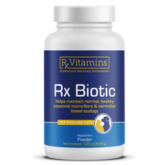 Rx Vitamins Rx Biotic bottle showing probiotic powder for pets and gut support.
