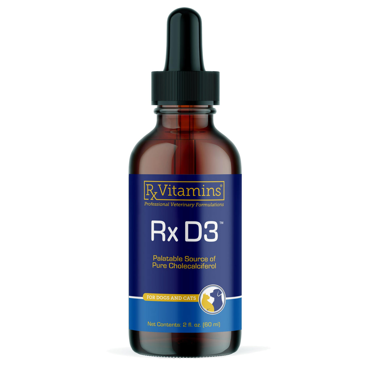 Rx Vitamins Rx D3 pet drops bottle shown for easy daily dosing and bone support