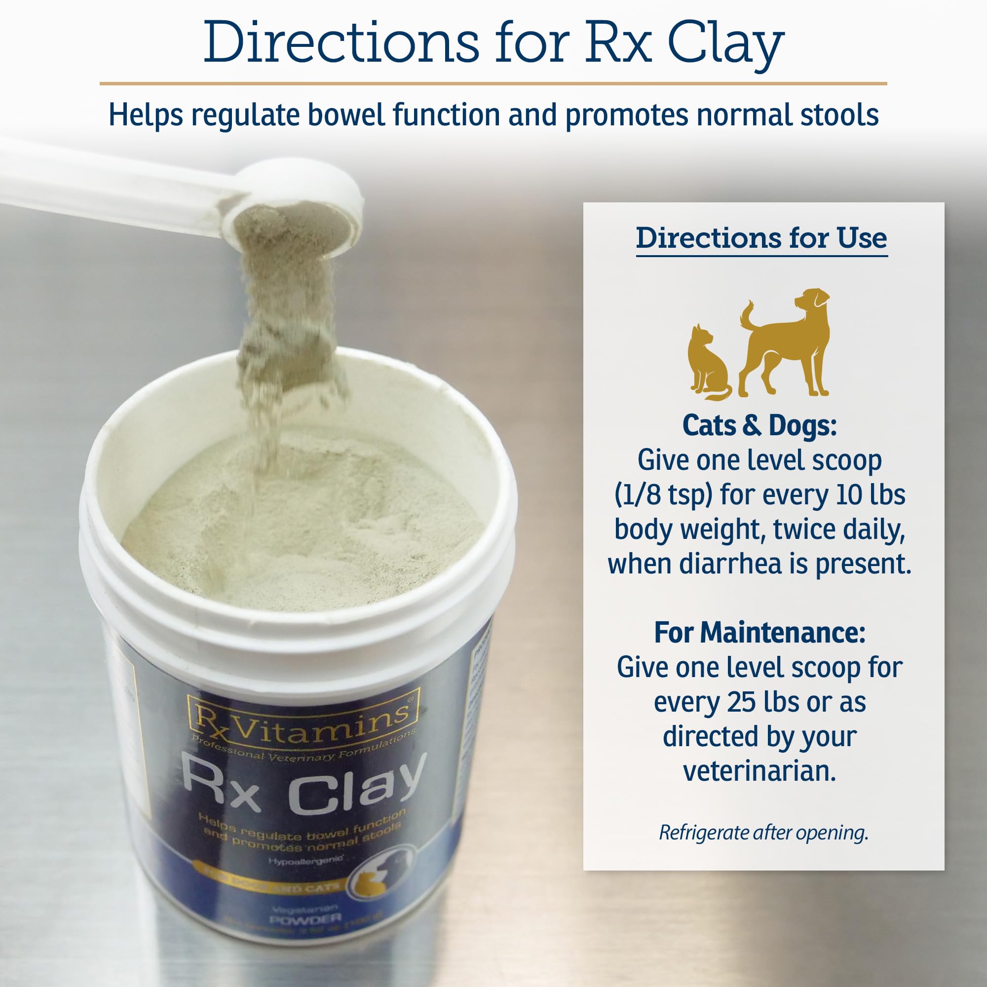 Rx Vitamins product bottle with measuring scoop demonstrating easy dosing.