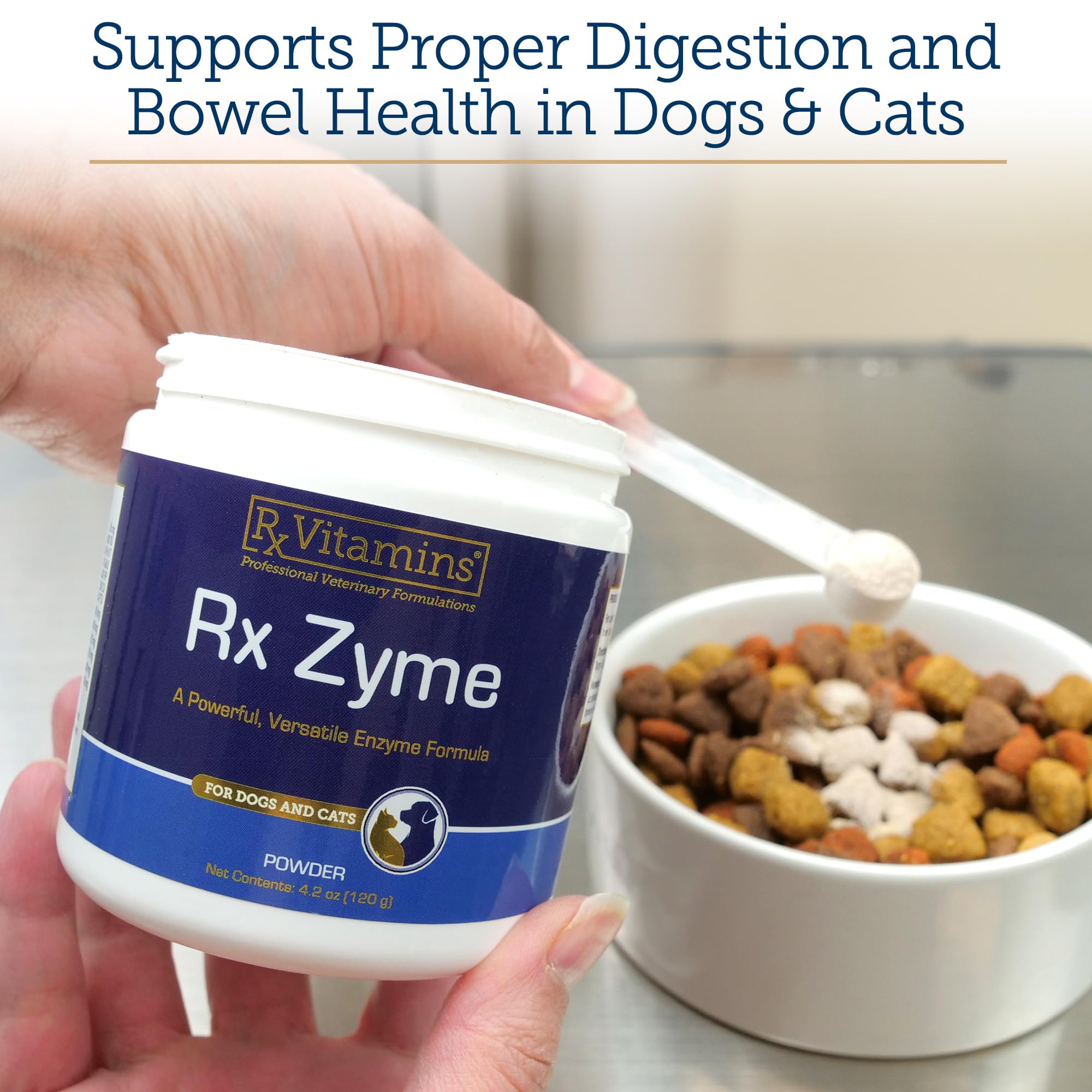 Rx Vitamins Rx Zyme Powder dog food topper supports gentle digestion during meals.