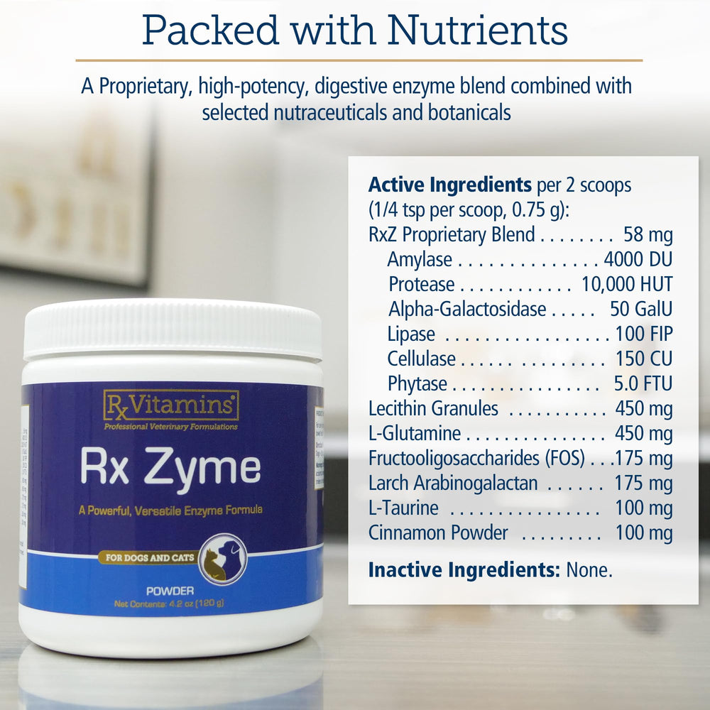 Rx Vitamins Rx Zyme Powder promotes healthy gut balance in pets.