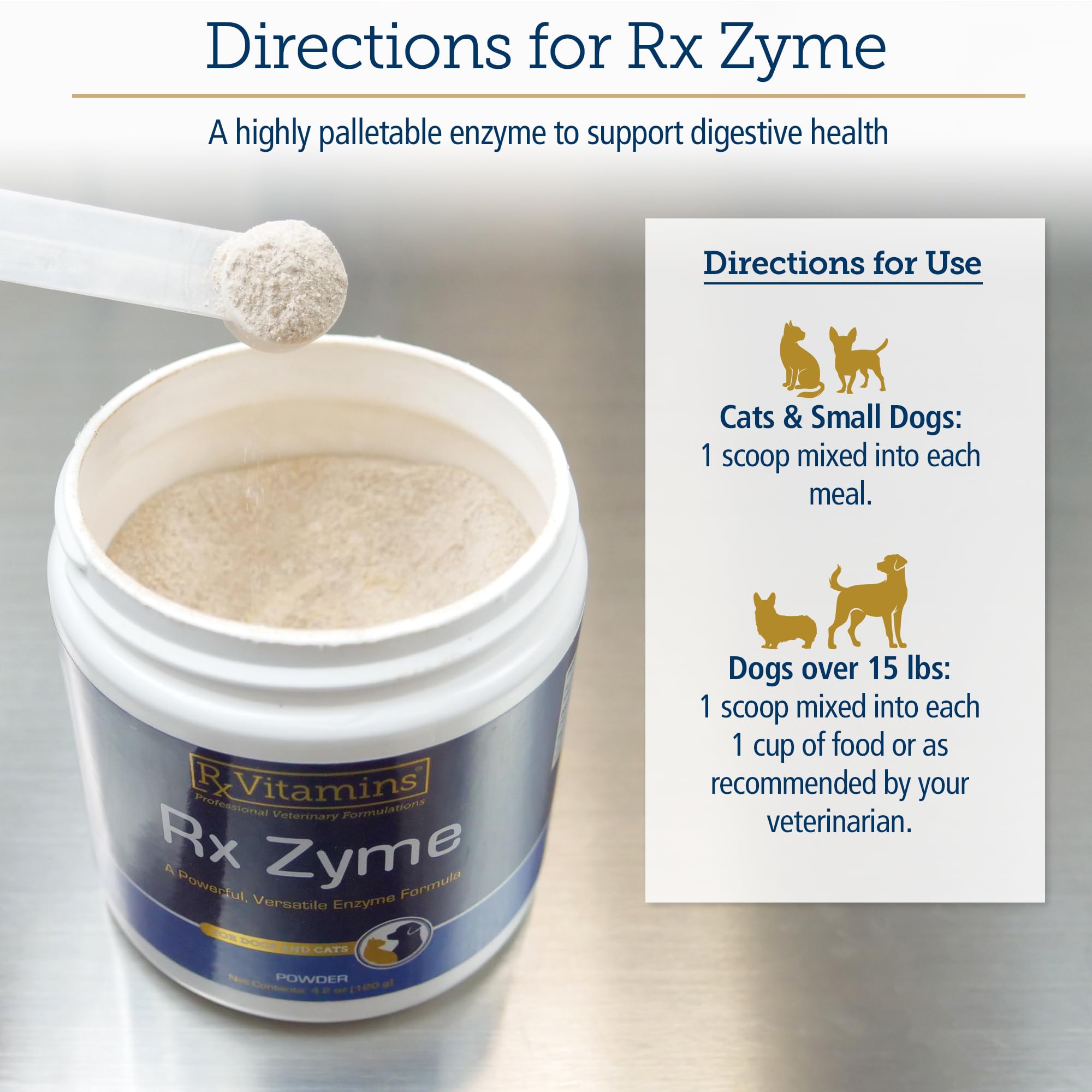 Rx Vitamins Rx Zyme Powder scoop measures daily digestive support accurately.