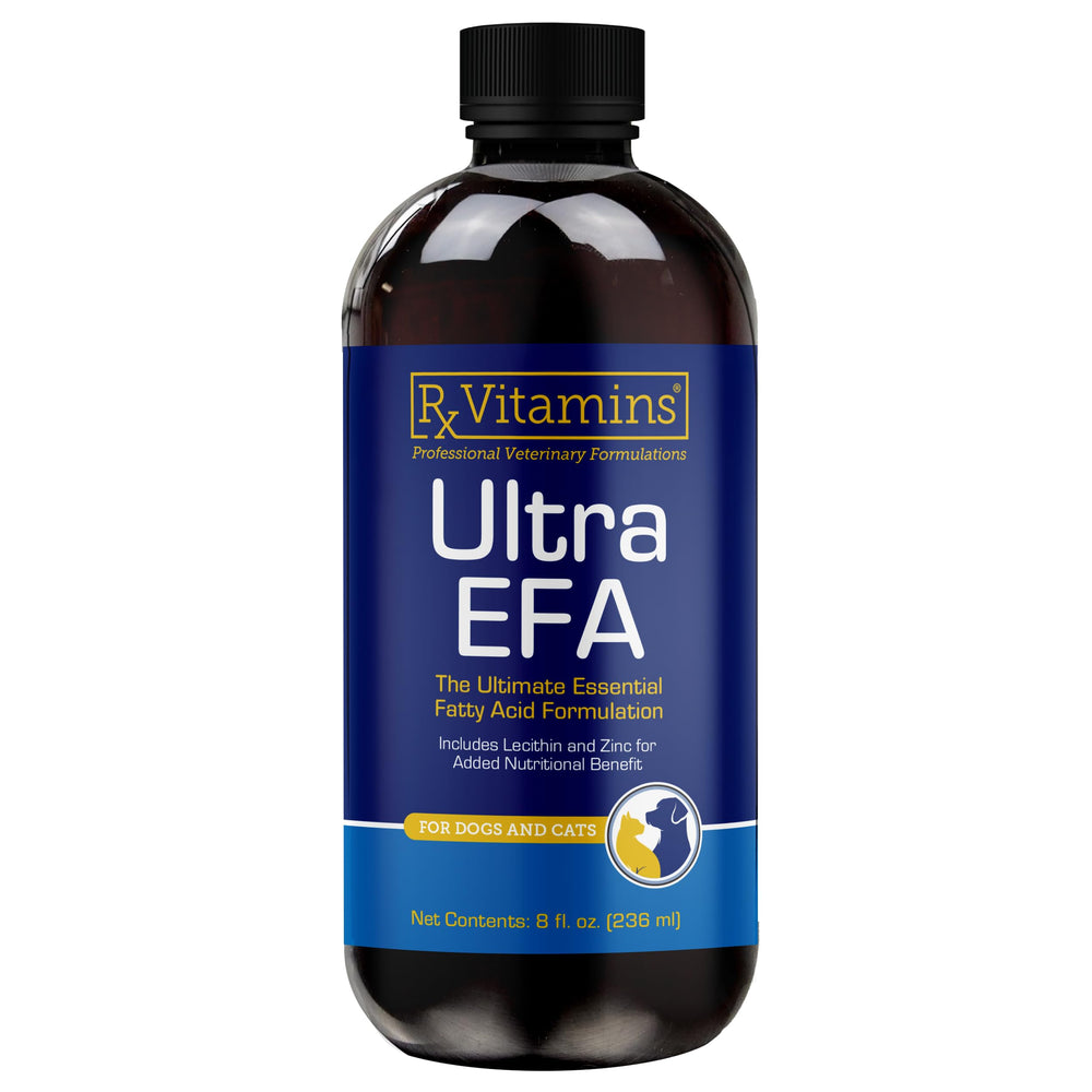 Rx Vitamins Ultra EFA Omega 3 bottle pouring for easy feeding and coat health.