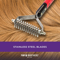 Ryan's Pet Supplies Paw Brothers rake close-up teeth designed gentle detangling and skin-safe use.