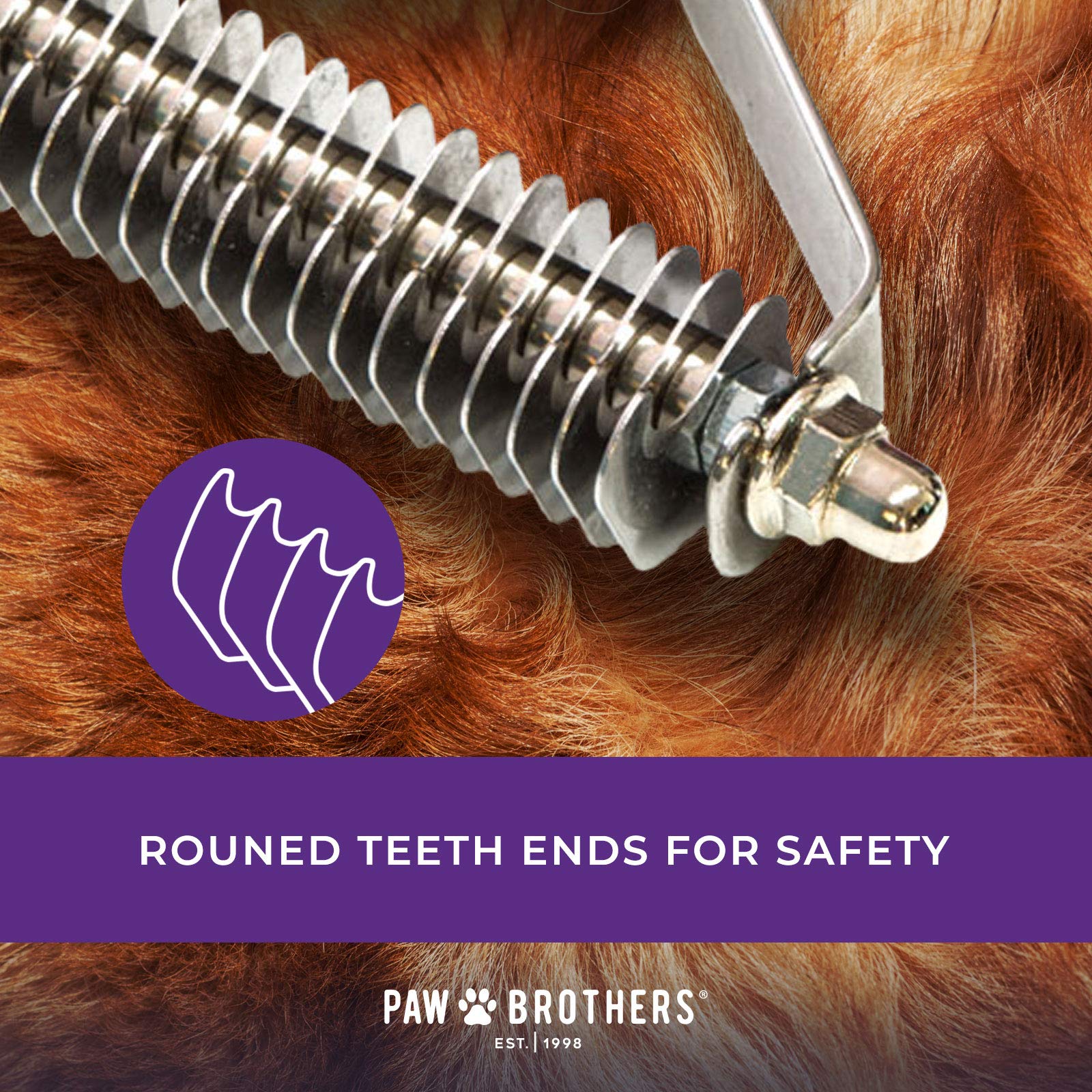 Ryan's Pet Supplies Paw Brothers rake side grip emphasizes comfort during grooming.