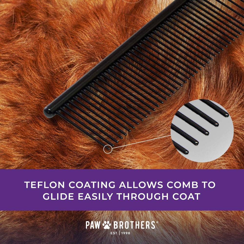Ryan's Pet Supplies Paw Brothers Greyhound-style Teflon comb in use on medium coat