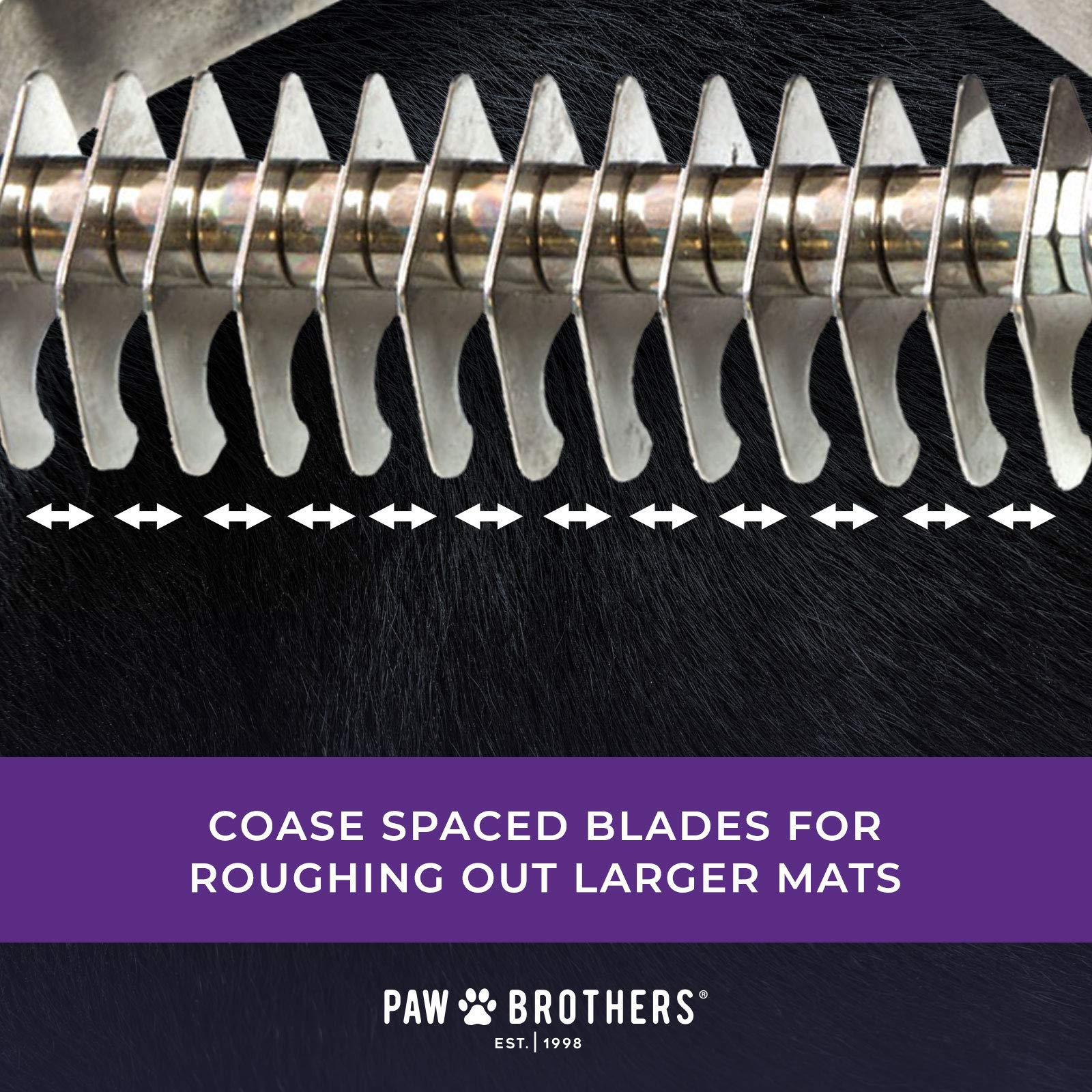 Ryan's Pet Supplies Paw Brothers rake with rounded teeth for gentle coat care.