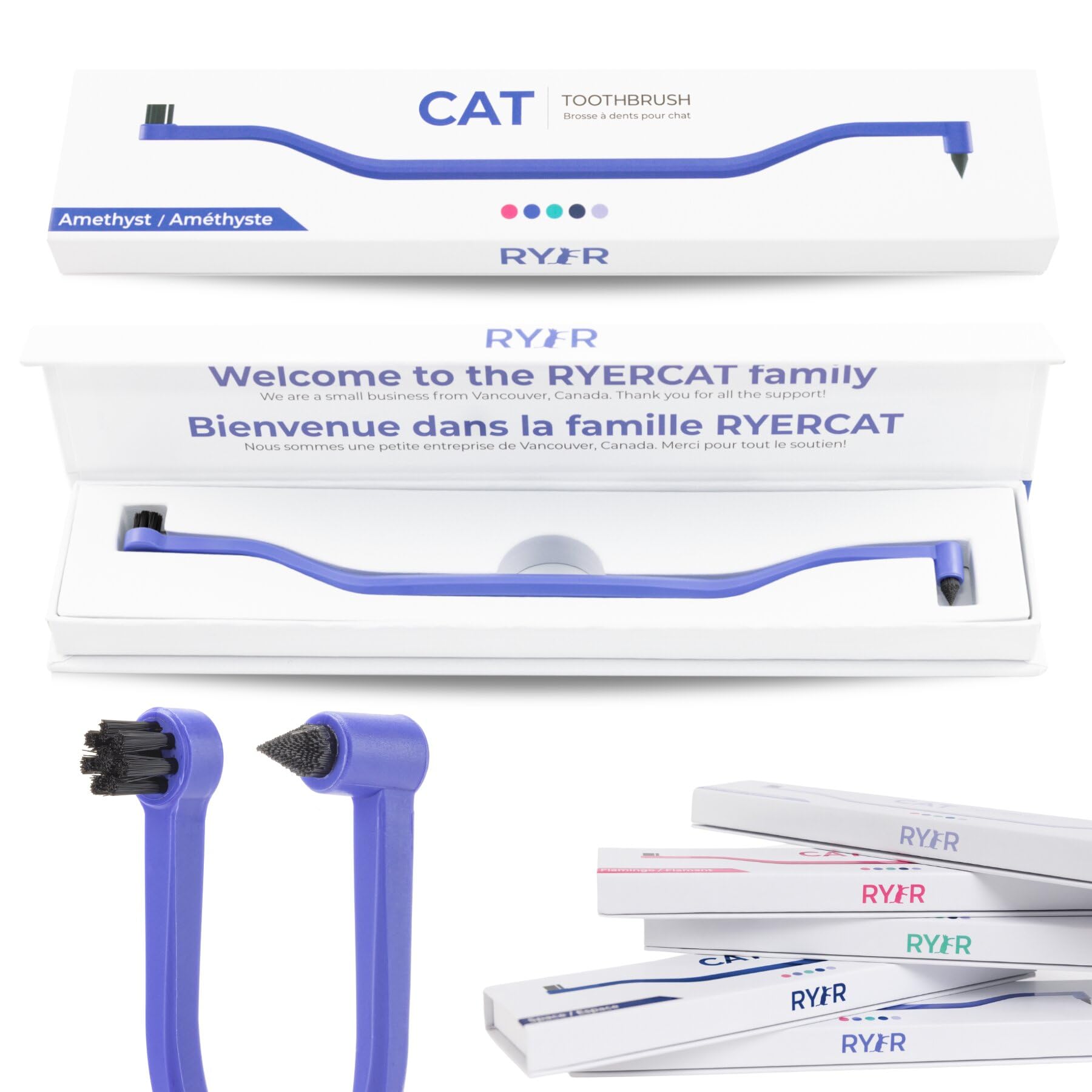 RYERCAT dual-sided cat toothbrush in Amethyst Purple for precise front and back cleaning.