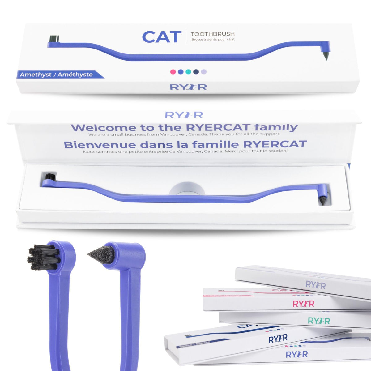 RYERCAT dual-sided cat toothbrush in Amethyst Purple for precise front and back cleaning.