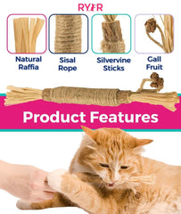 RYERCAT Silvervine Sticks for cat-teething, with a playful cat nearby.