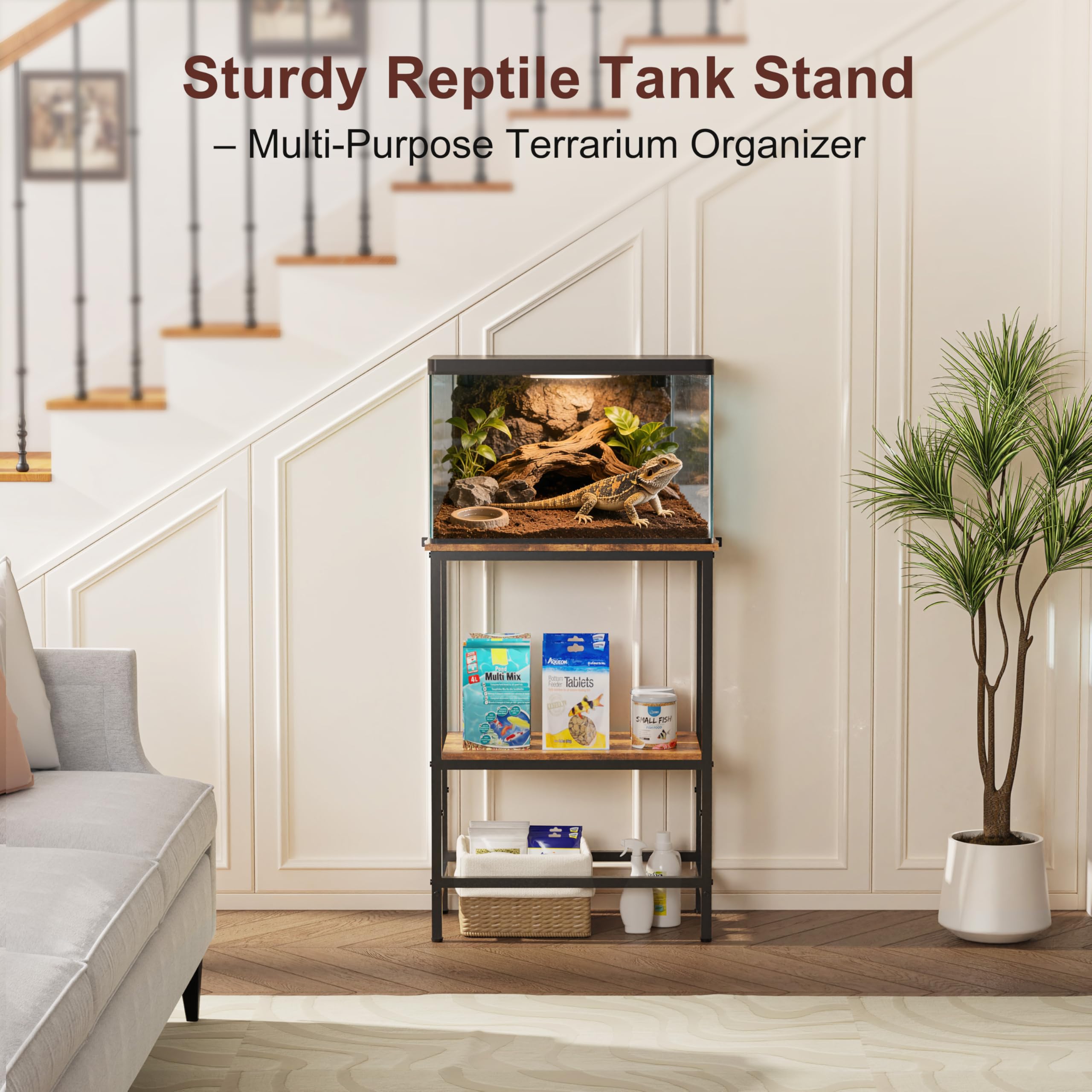 Rymeera 10-gallon-tank-fit top shelf securely holds a standard tank.