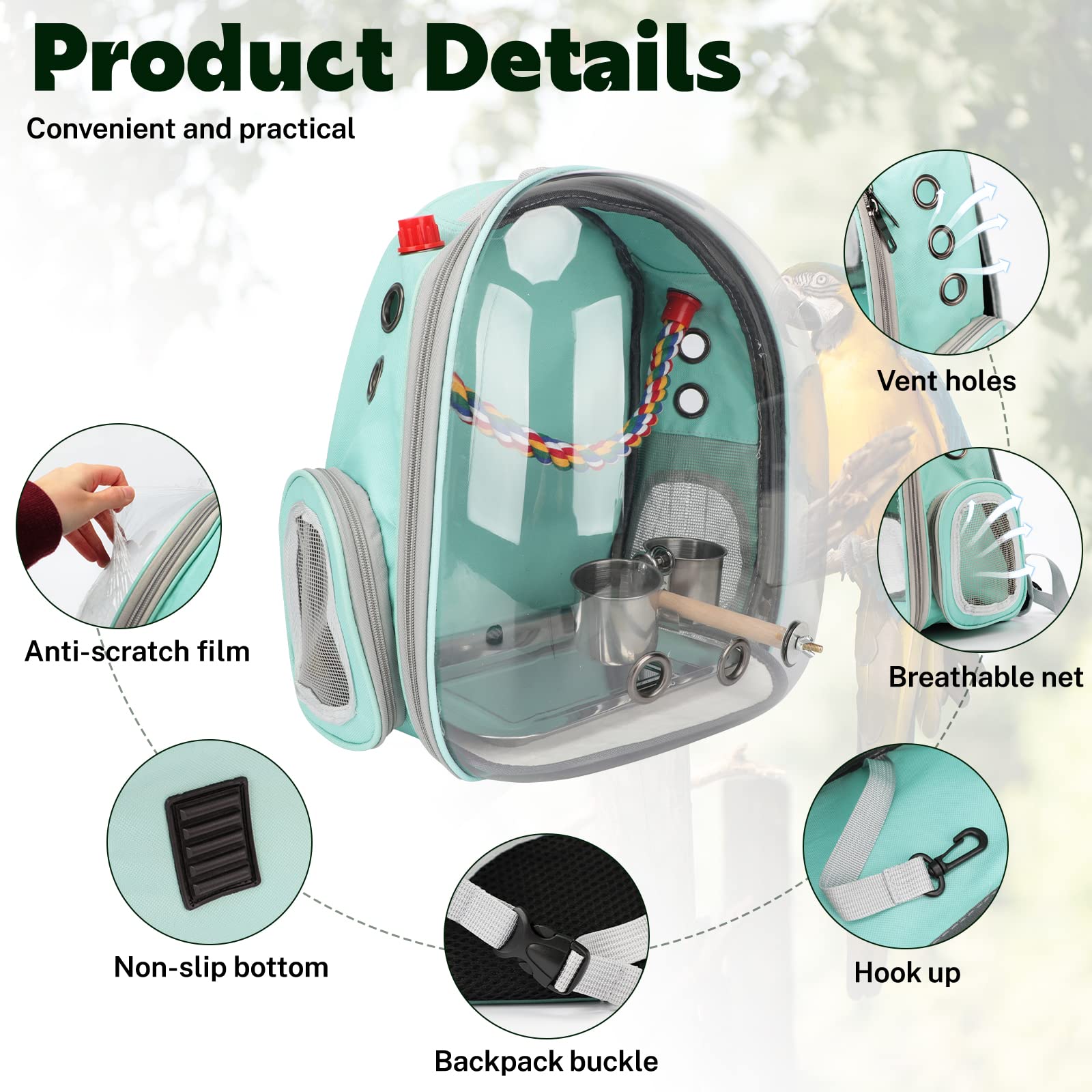 Rypet mint-green front cover allows checking parrot status on the go