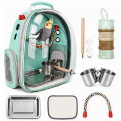 Rypet mint green bird carrier backpack with visible window for easy monitoring