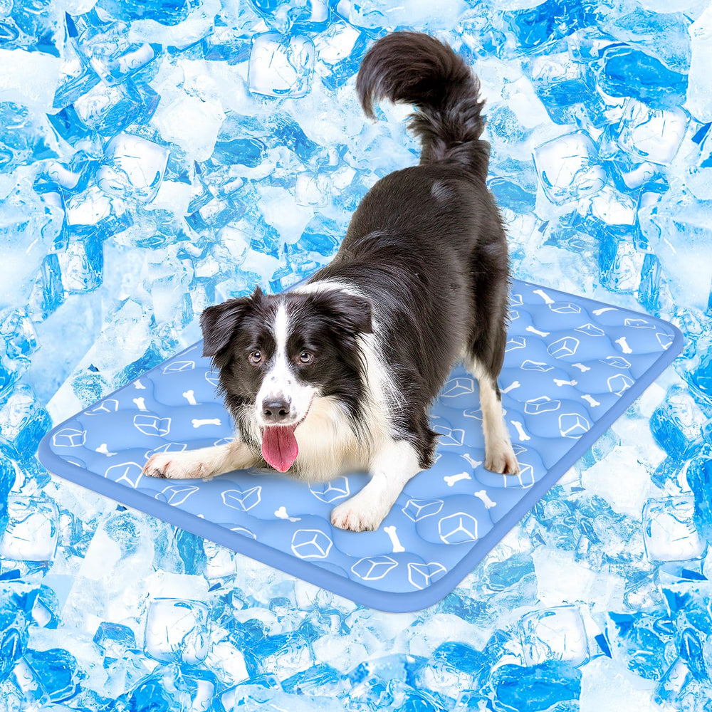 Rywell Dog Cooling Mat 2.0 full view in ocean blue for large dogs resting comfortably