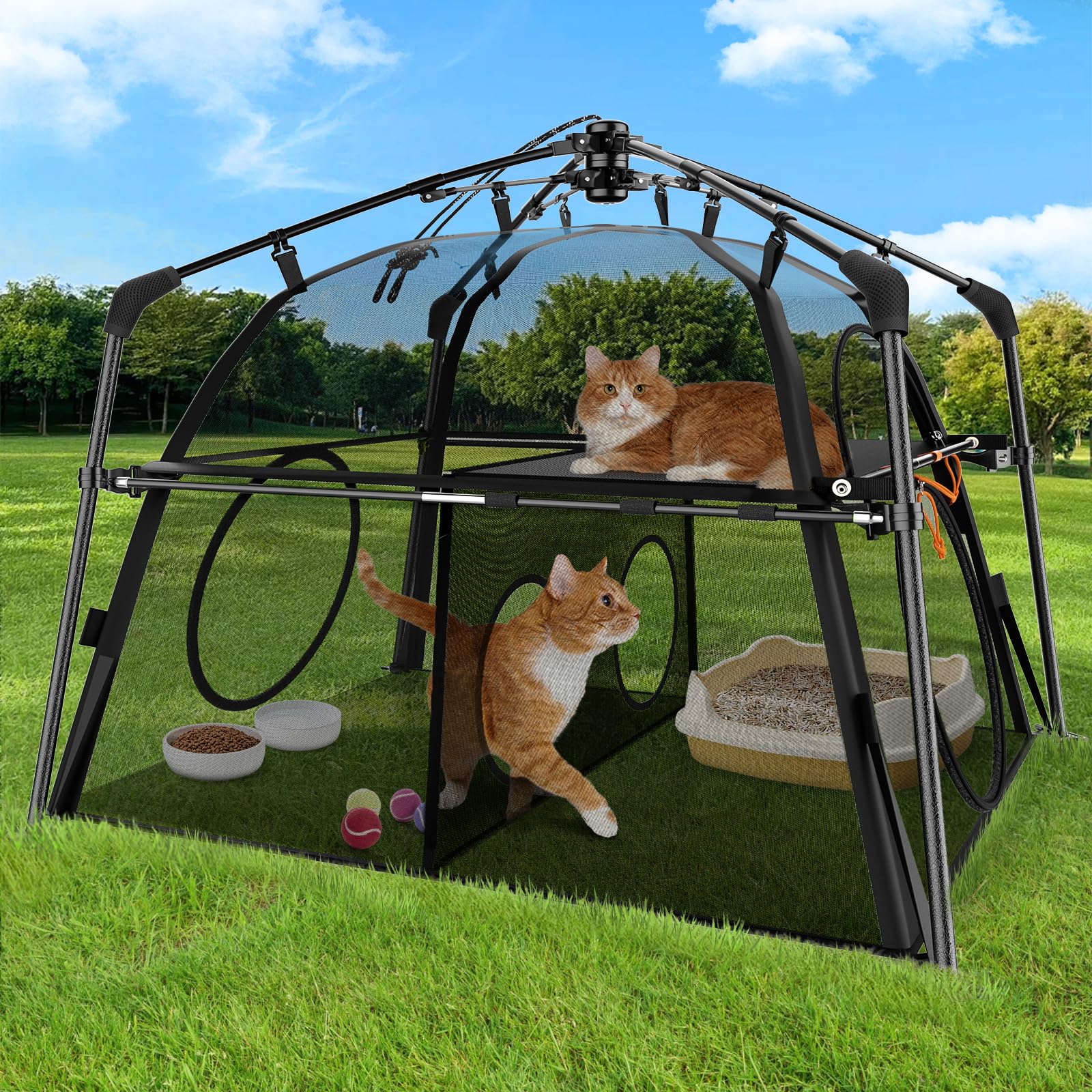 Rywell extra-large catio setup demonstrates quick pop-up assembly for safe outdoor play
