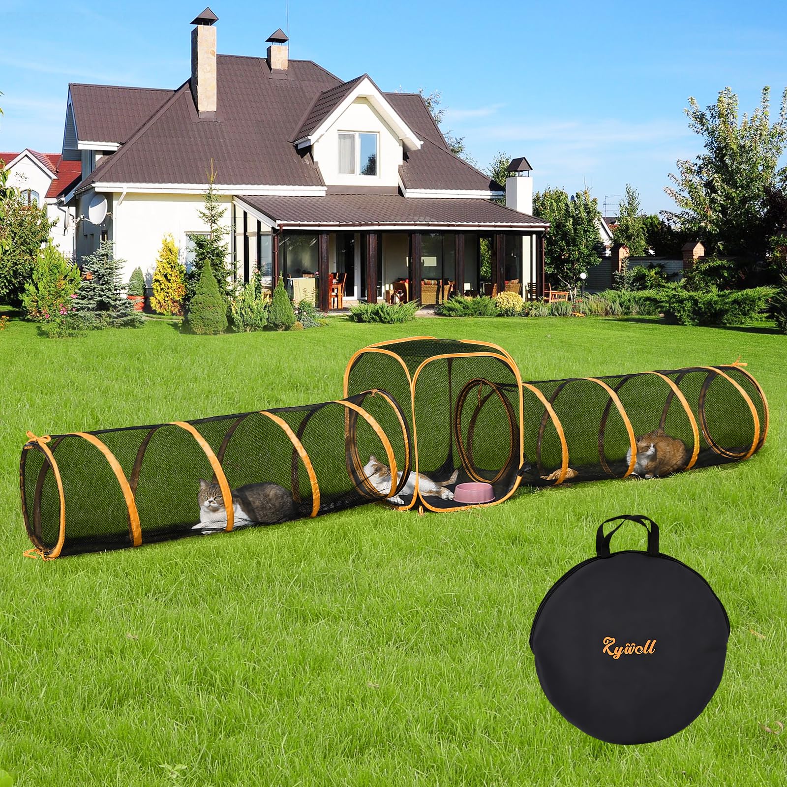 Rywell outdoor cat enclosure with 60-inch tunnel offers spacious exploration.