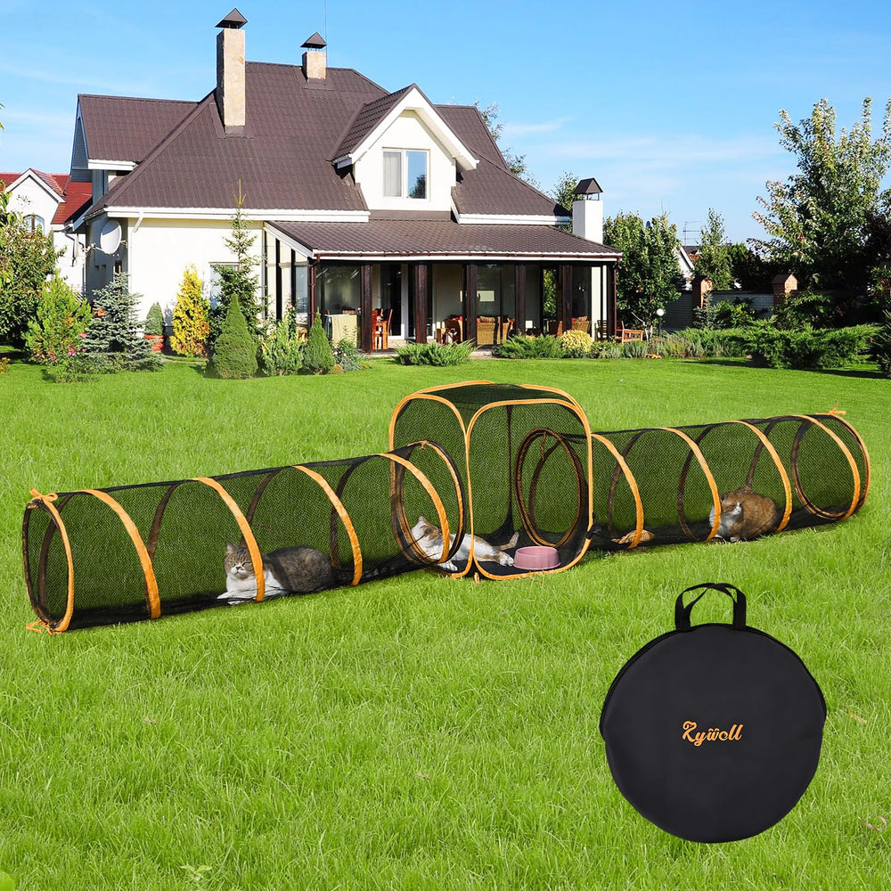 Rywell outdoor cat enclosure with 60-inch tunnel offers spacious exploration.
