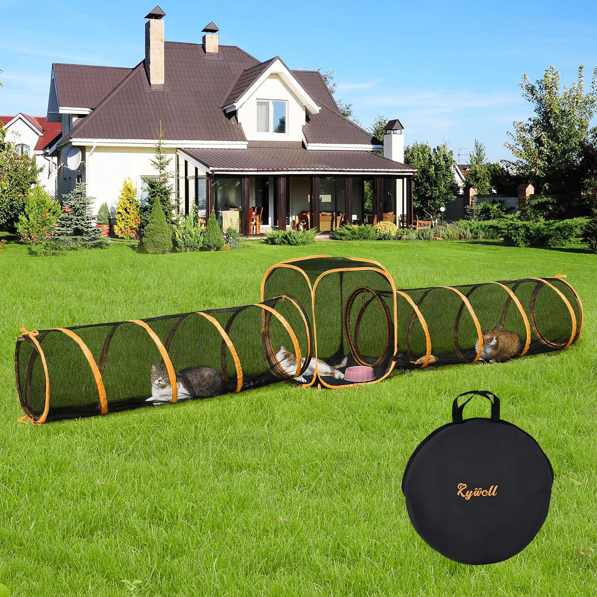 Rywell outdoor cat enclosure with 60-inch tunnel offers spacious exploration.