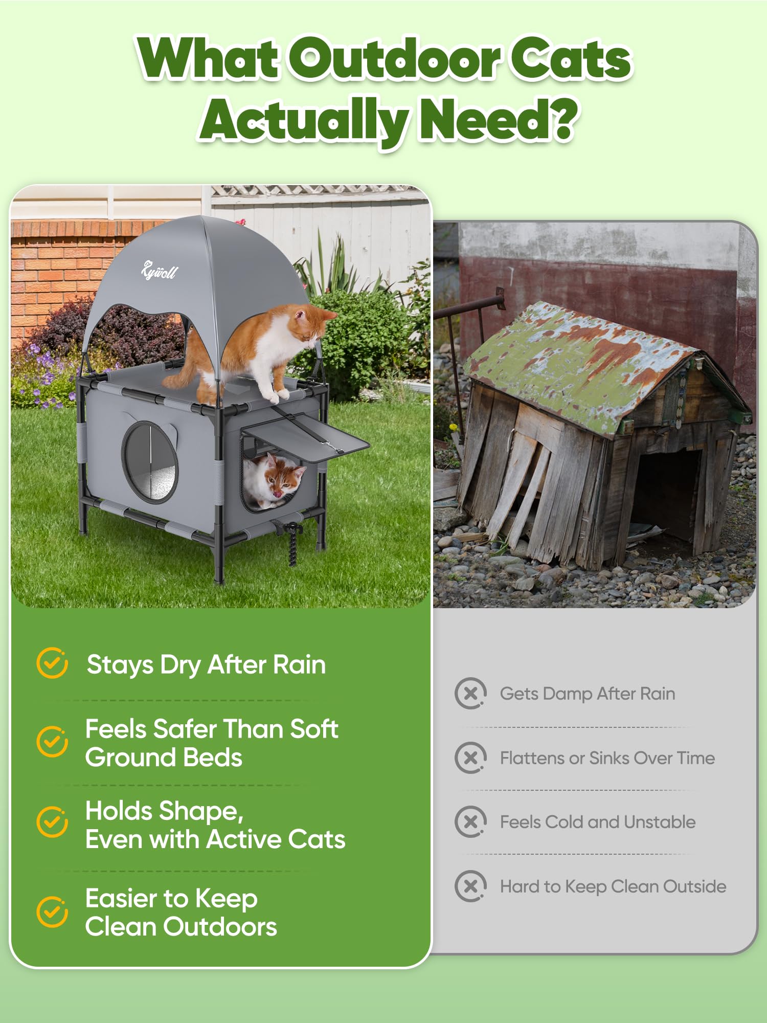 Rywell outdoor cat house elevated 7 inches keeps paws dry and clean.