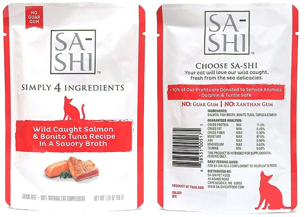 Sa-Shi grain-free wet cat food pouch featuring tuna and salmon for a protein-rich meal