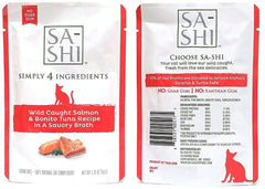 Sa-Shi grain-free wet cat food pouch featuring tuna and salmon for a protein-rich meal