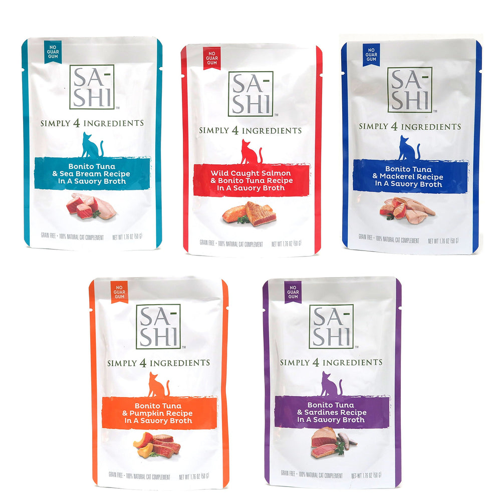 Sa-Shi grain-free wet cat food pouch variety pack front view highlighting five flavors