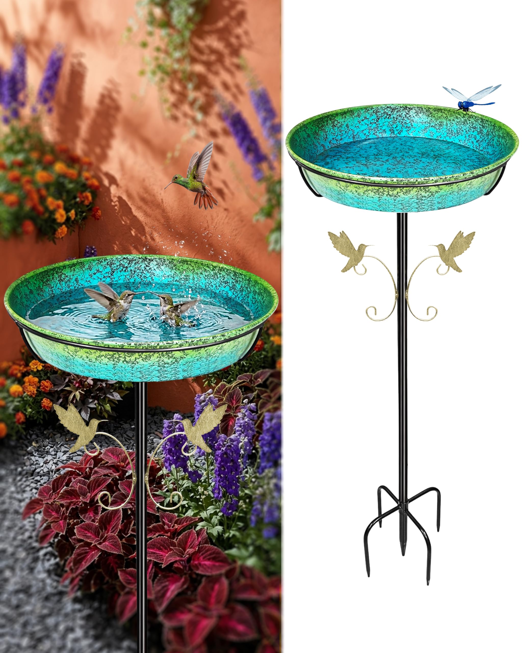 SAC SMARTEN ARTS 35-inch metal bird bath with ground stake for stable lawn placement.