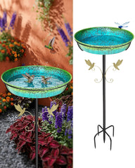 SAC SMARTEN ARTS 35-inch metal bird bath with ground stake for stable lawn placement.