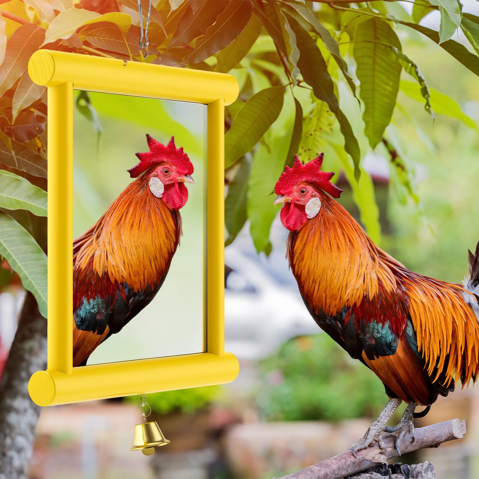 Sadnyy chicken mirror toy with wooden rod ensures durable coop use.