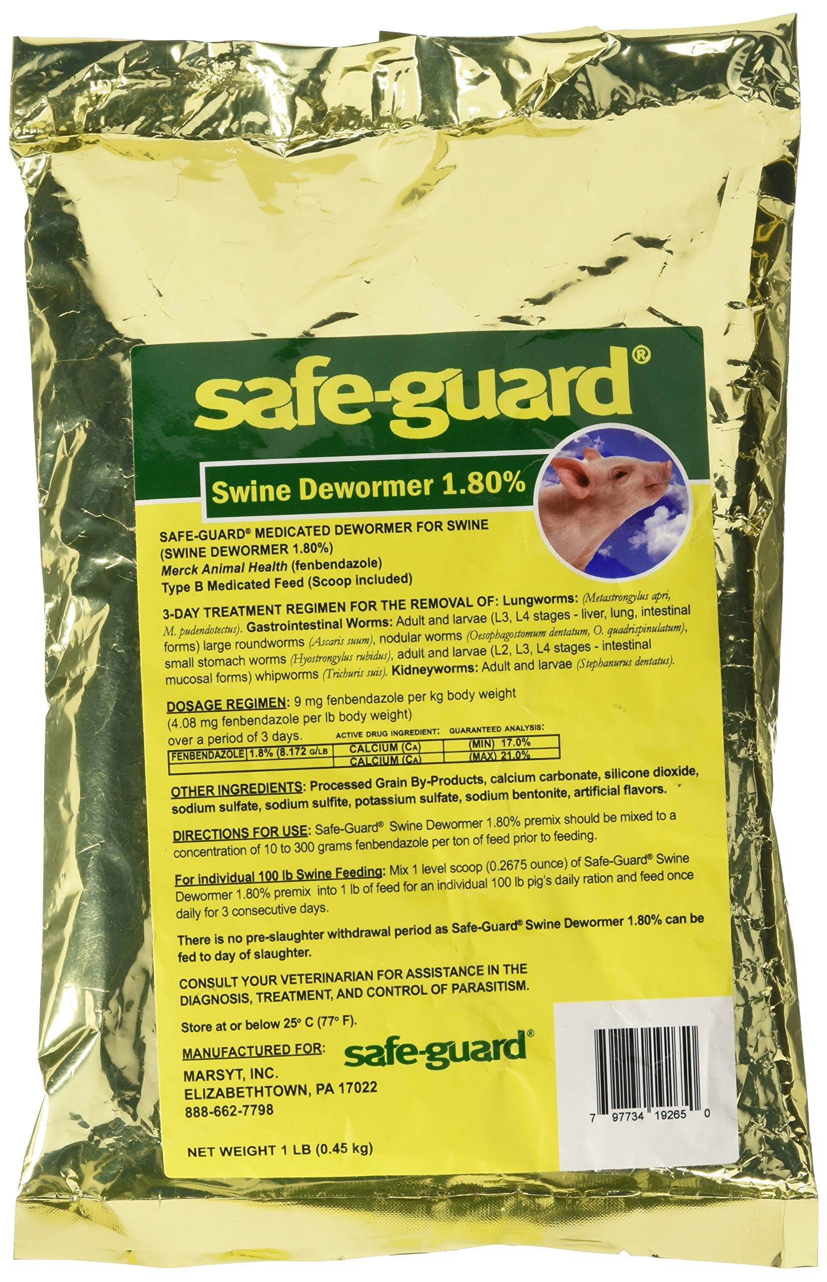 Safe-Guard 1.8% Swine Scoop bottle with medicated dewormer for pigs, easy administration.