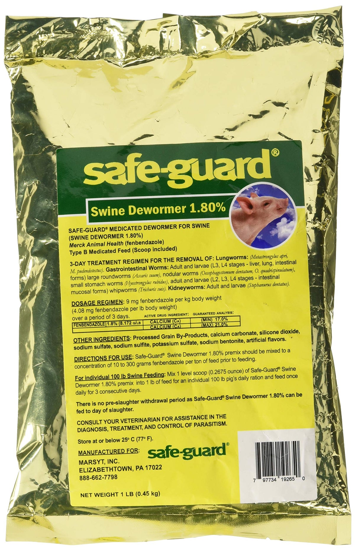 Safe-Guard 1.8% Swine Scoop bottle with medicated dewormer for pigs, easy administration.