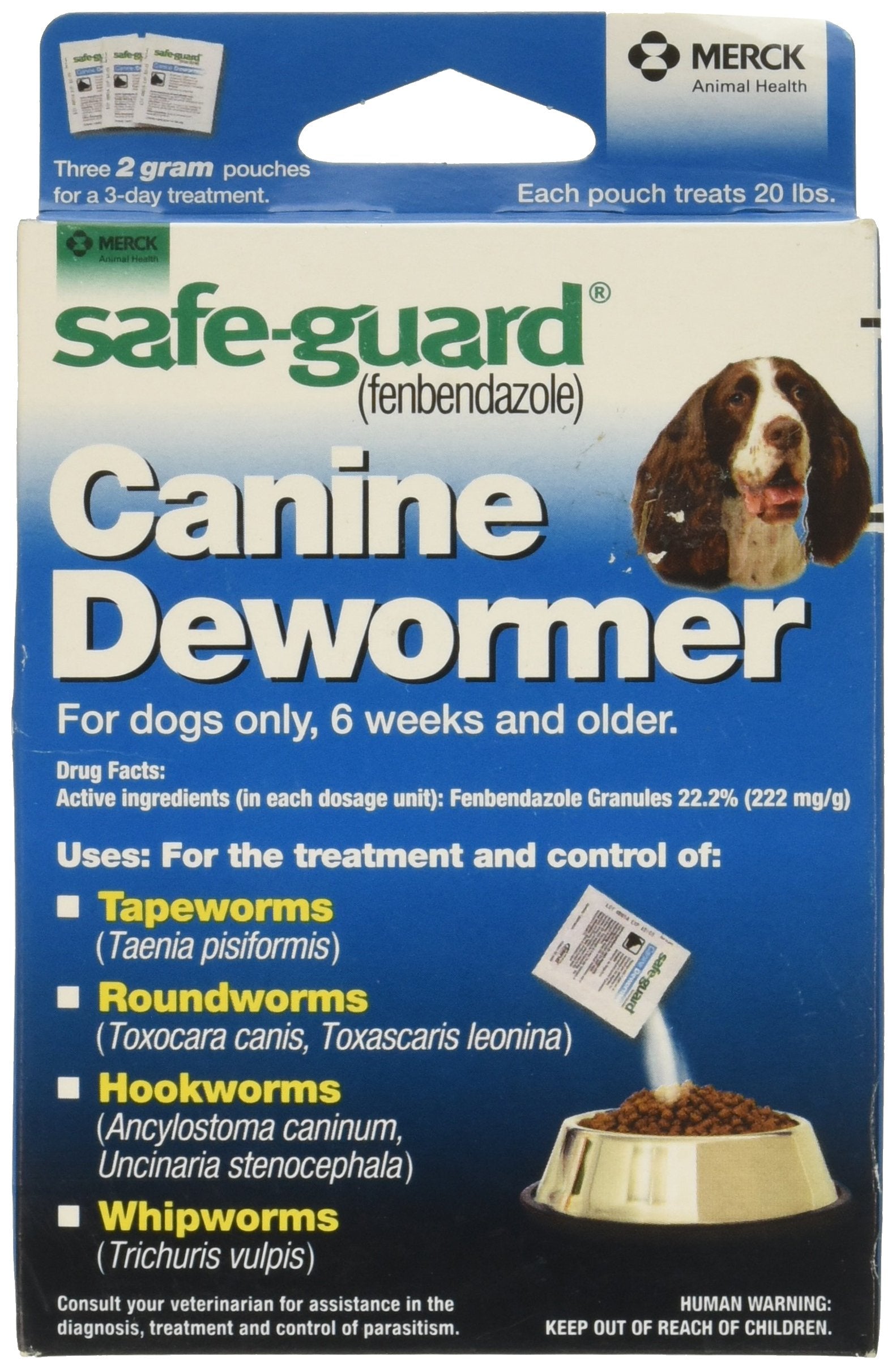 Safe-Guard canine dewormer packaging in blue box for easy dosing.