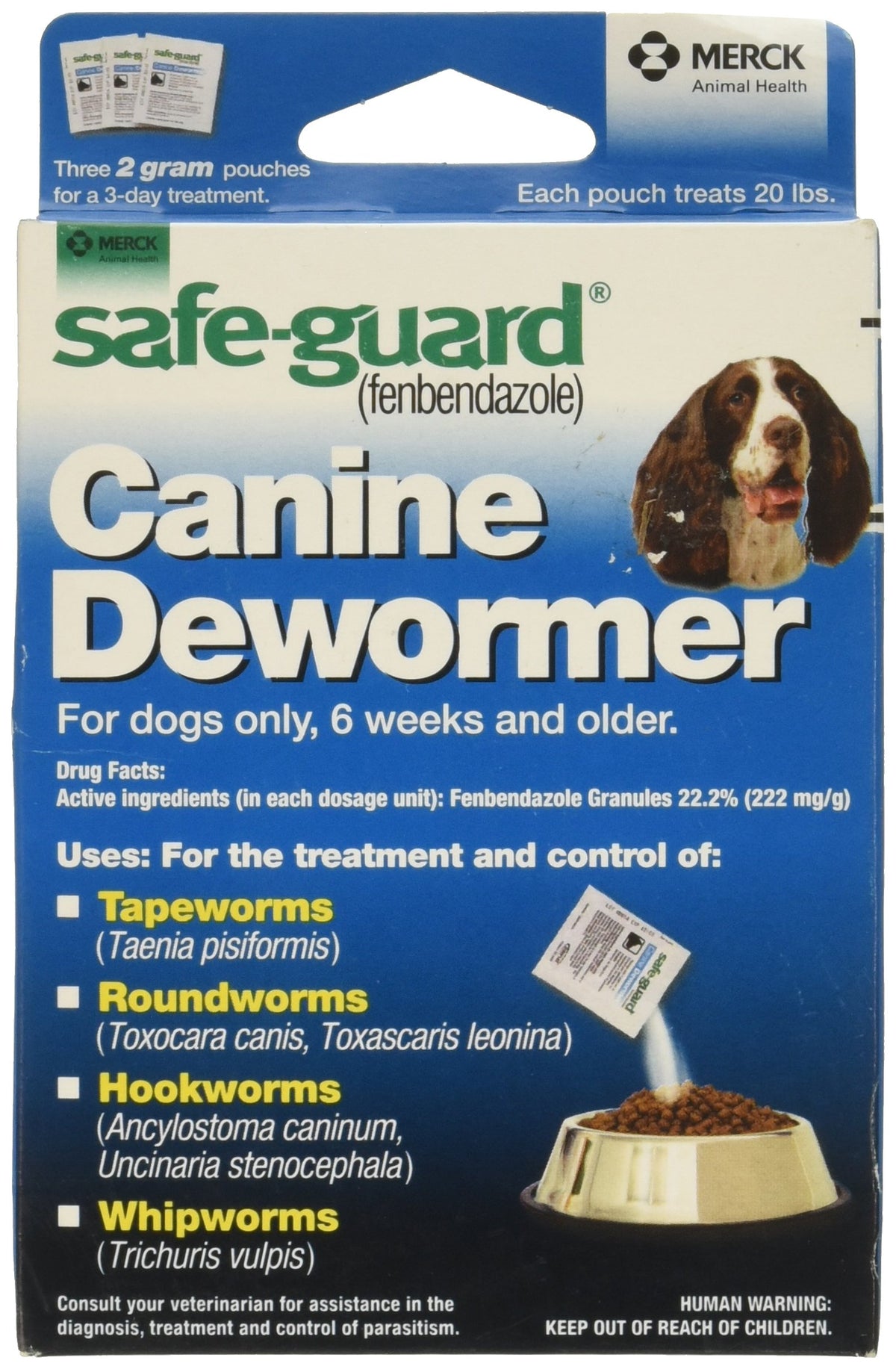 Safe-Guard canine dewormer packaging in blue box for easy dosing.