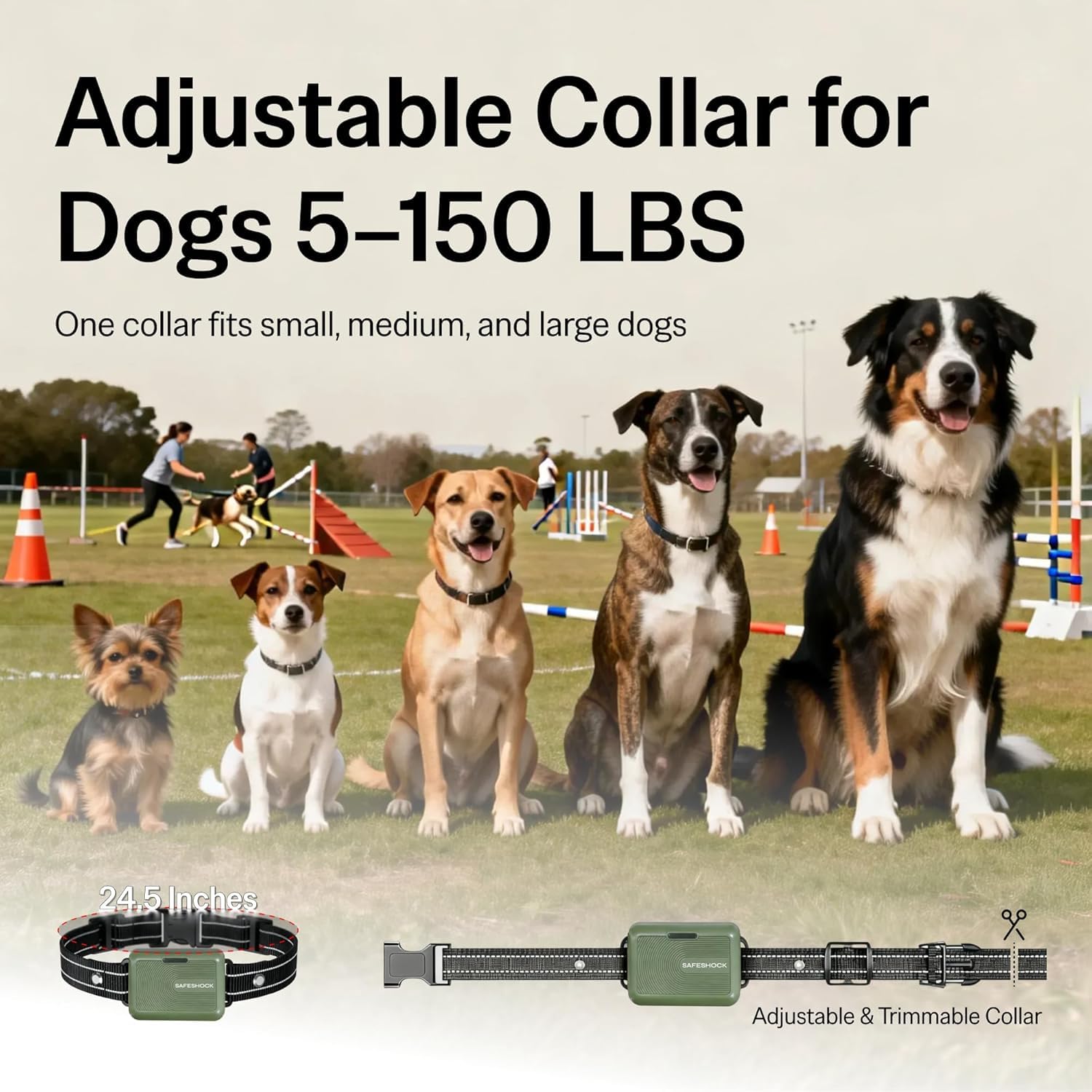 SafeShock IPX7 waterproof collar ready for rain, mud, and outdoor play.