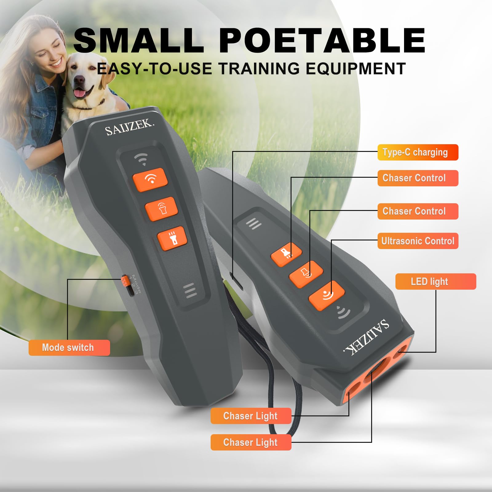 SAIJZEK Ultrasonic Dog Trainer G2 side view showing compact design and easy handling.