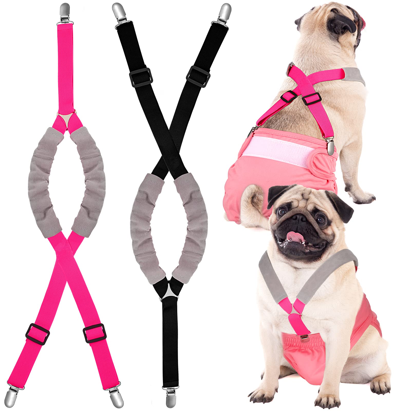 Saintrygo dog diaper suspenders in black and pink keep diapers secure during walks