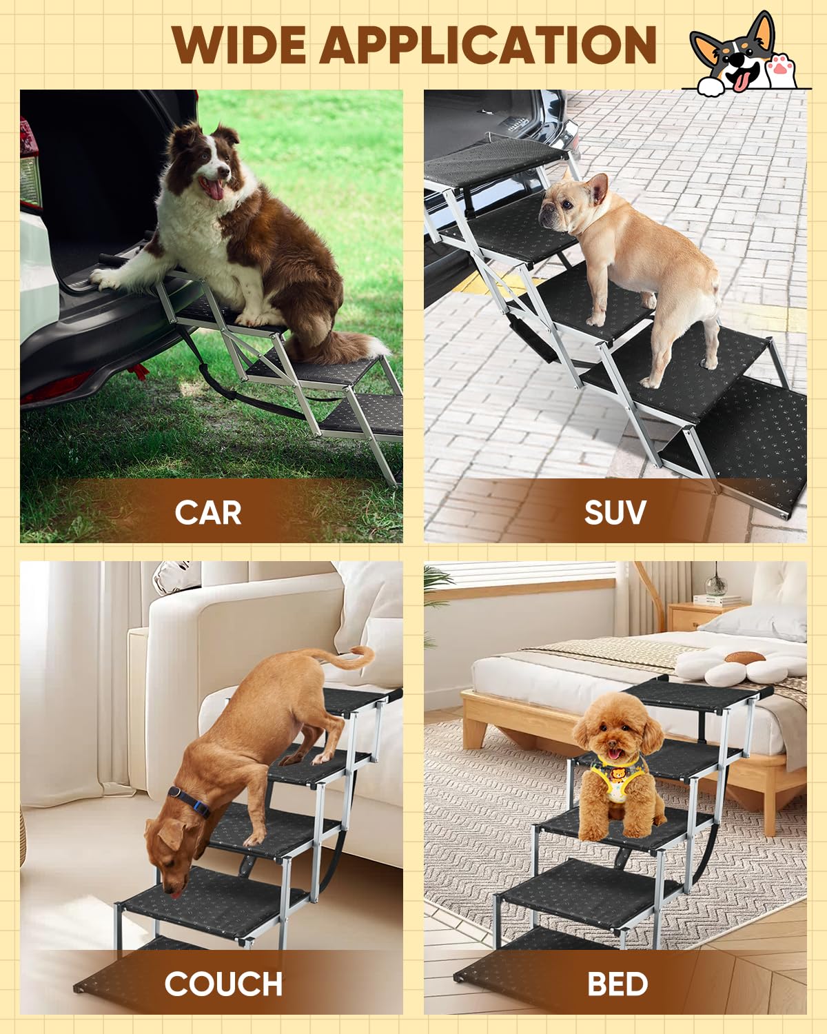 Saker foldable dog ramp extended length adapts to different vehicle heights.