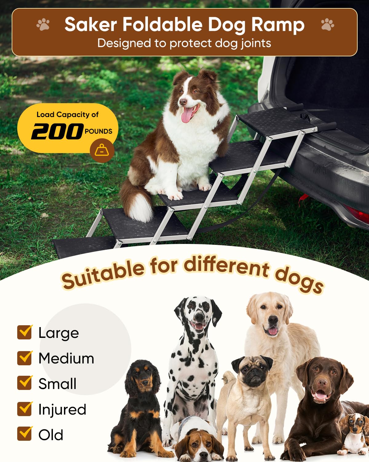 Saker foldable ramp foam grip handles protect car interiors during loading.