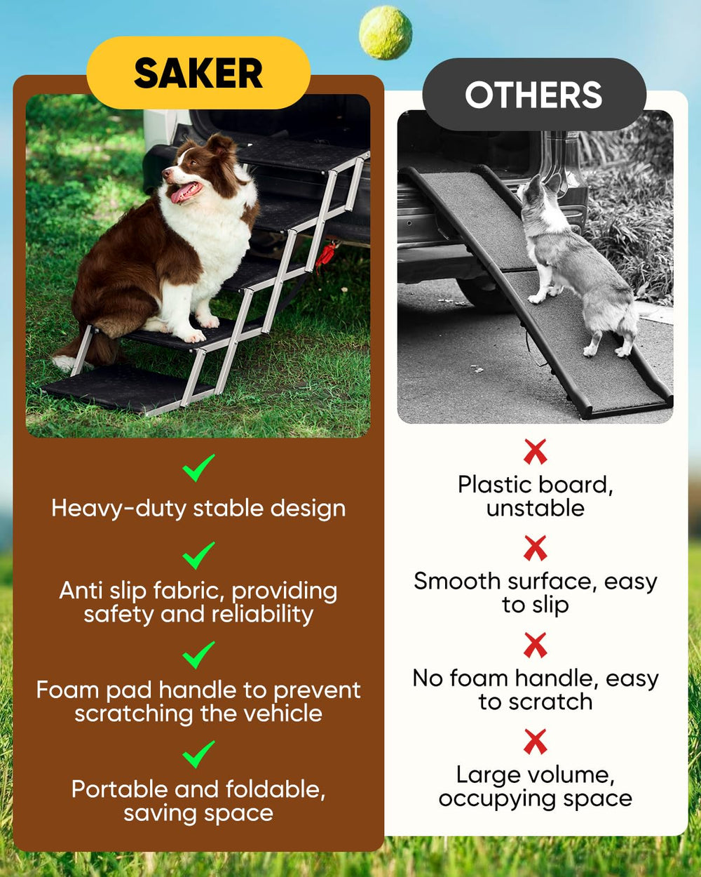 Saker foldable dog ramp with non-slip steps ensures secure footing for small and senior dogs.