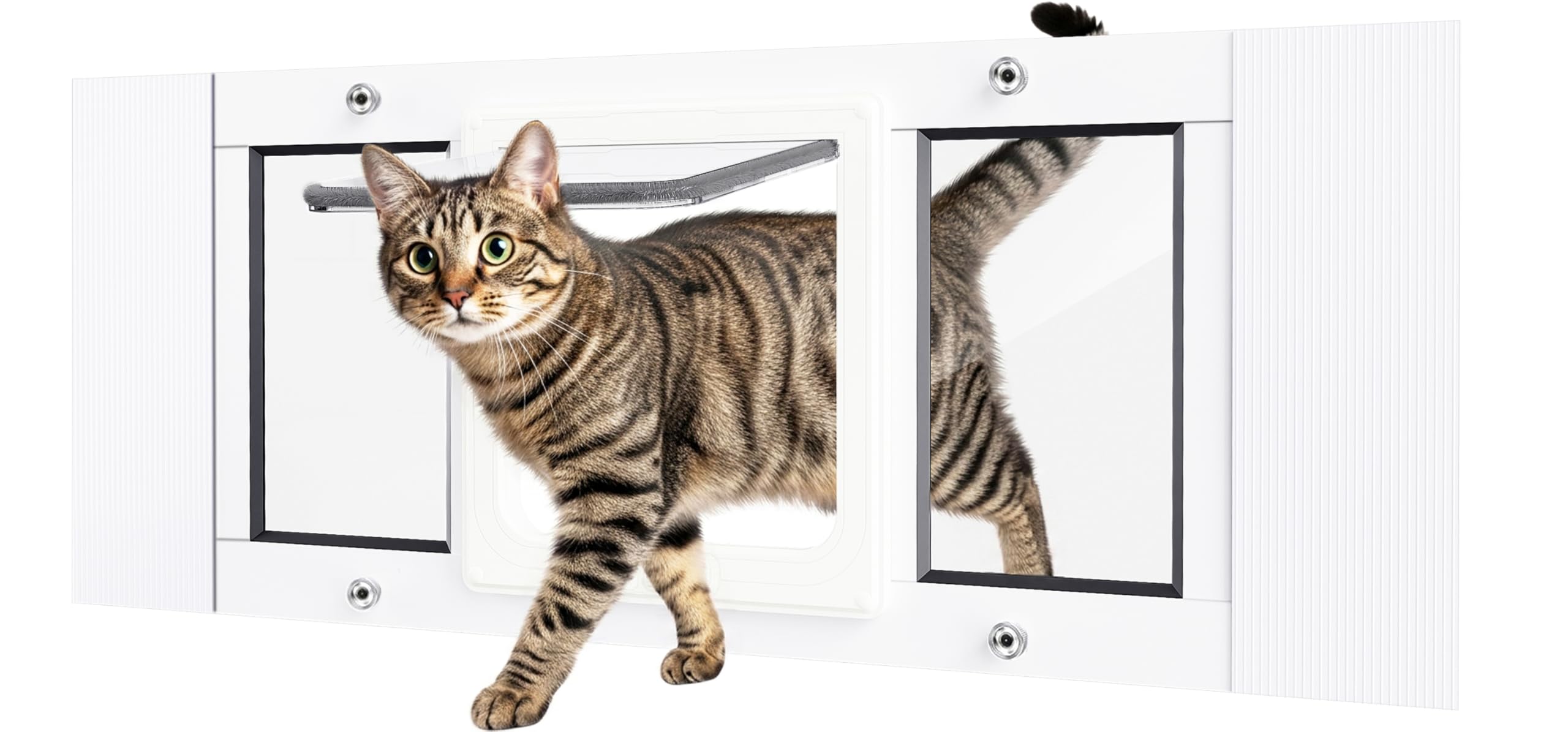 SAKSUN cat door window frame close-up showing sturdy aluminum construction