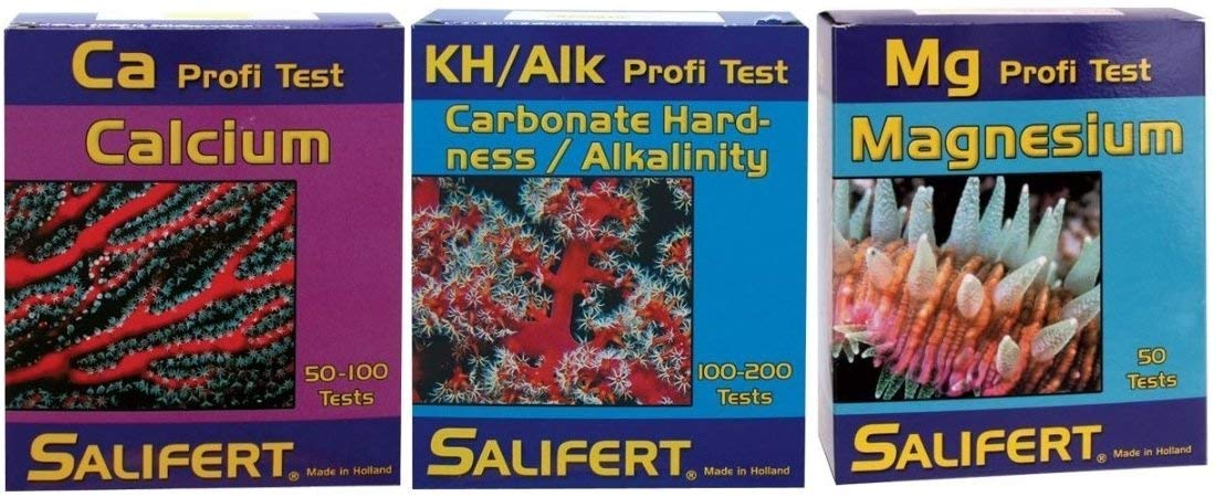 Salifert alkalinity calcium magnesium kit packaging with clear instructions for reliable readings.